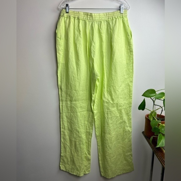Jennifer Women Lime Green 100% Linen Trousers Wide Leg European Pants Size 16 - Picture 2 of 12